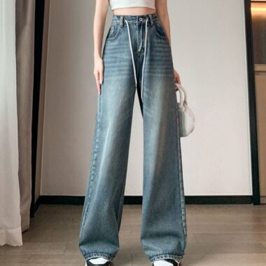 High waist lace-up women jeans in trendy fashion style