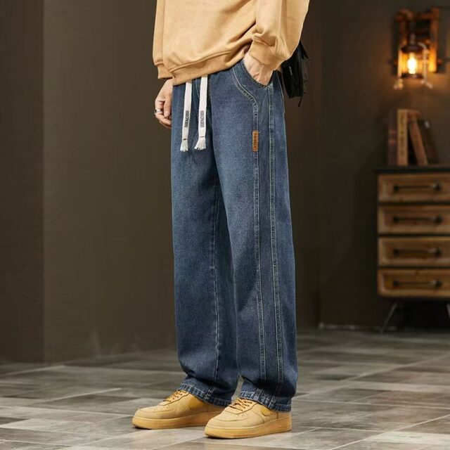 Fleece-lined vintage loose straight men jeans for autumn winter