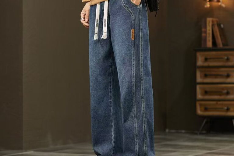 Fleece-lined vintage loose straight men jeans for autumn winter