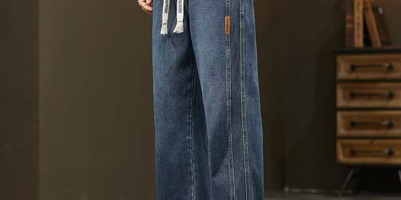 Fleece-lined vintage loose straight men jeans for autumn winter