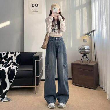 American vintage wide-leg loose women jeans for spring