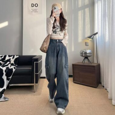 American vintage wide-leg loose women jeans for spring