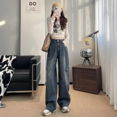 American vintage wide-leg loose women jeans for spring