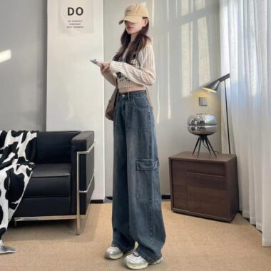 American vintage wide-leg loose women jeans for spring