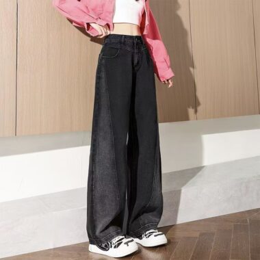 High-waist color-block wide-leg loose women jeans