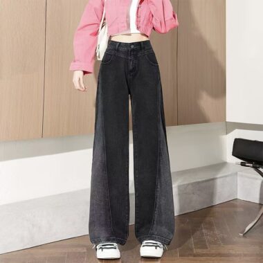 High-waist color-block wide-leg loose women jeans