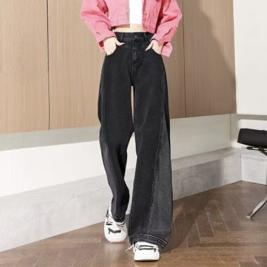 High-waist color-block wide-leg loose women jeans