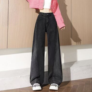 High-waist color-block wide-leg loose women jeans