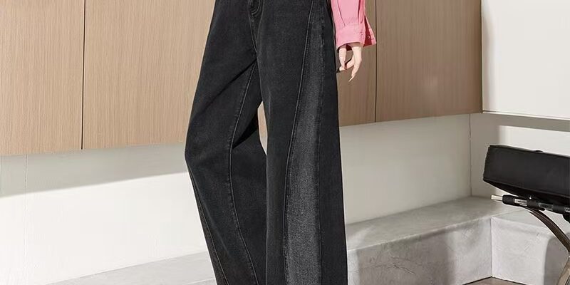 High-waist color-block wide-leg loose women jeans