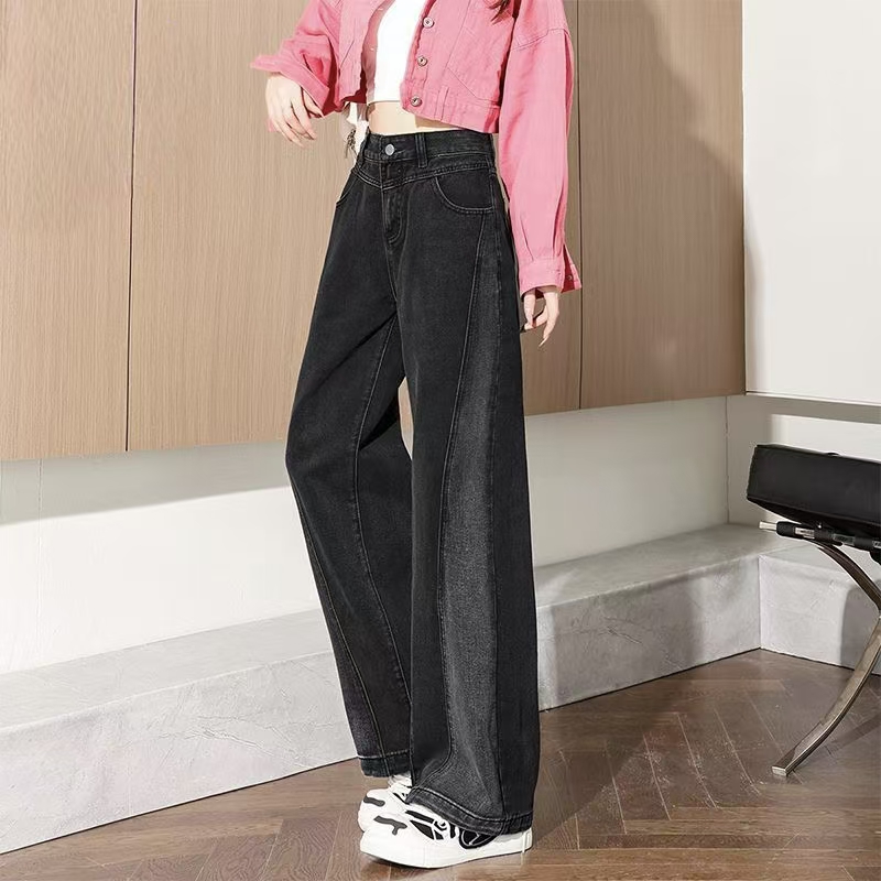 High-waist color-block wide-leg loose women jeans
