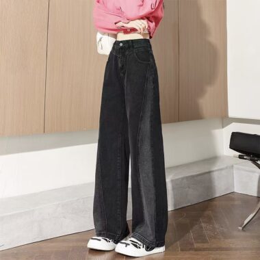 High-waist color-block wide-leg loose women jeans