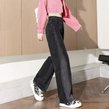 High-waist color-block wide-leg loose women jeans