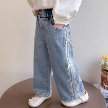 Korean wide-leg bow girls children jeans for spring and autumn