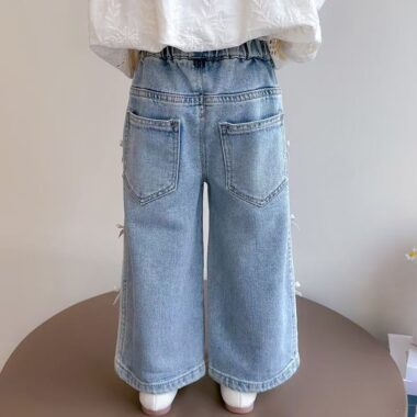 Korean wide-leg bow girls children jeans for spring and autumn