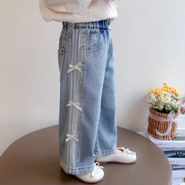 Korean wide-leg bow girls children jeans for spring and autumn