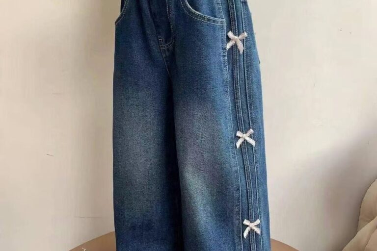 Korean wide-leg bow girls children jeans for spring and autumn