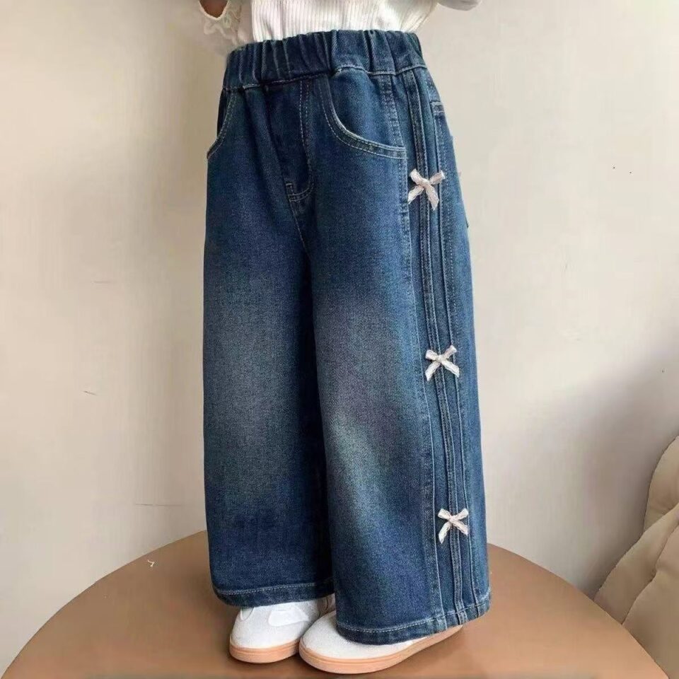 Korean wide-leg bow girls children jeans for spring and autumn
