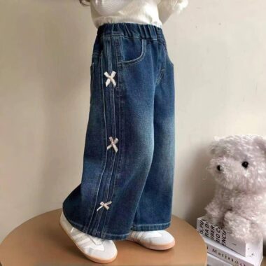 Korean wide-leg bow girls children jeans for spring and autumn