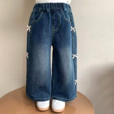 Korean wide-leg bow girls children jeans for spring and autumn