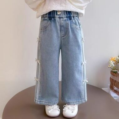 Korean wide-leg bow girls children jeans for spring and autumn