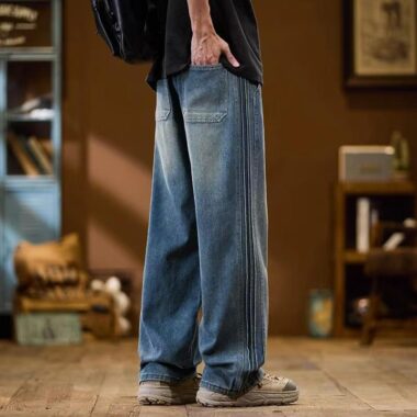 Loose straight American side-stripe men jeans for spring