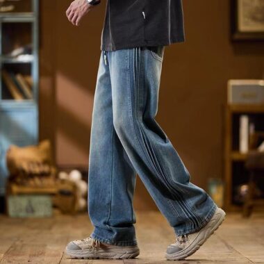 Loose straight American side-stripe men jeans for spring