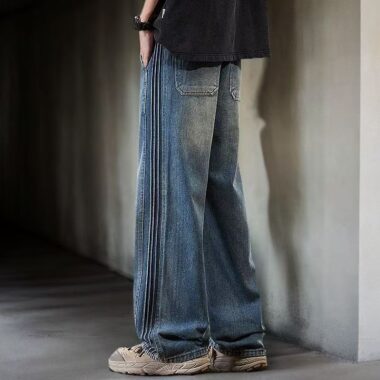 Loose straight American side-stripe men jeans for spring