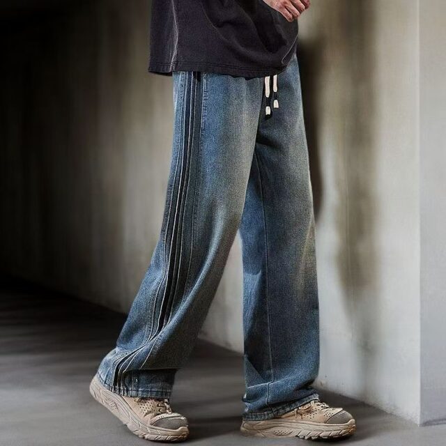 Loose straight American side-stripe men jeans for spring