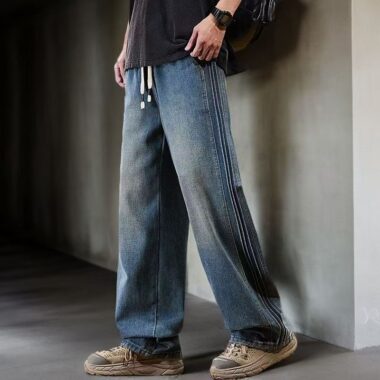 Loose straight American side-stripe men jeans for spring