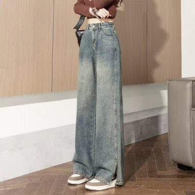 High-waist loose straight stylish women jeans for spring autumn
