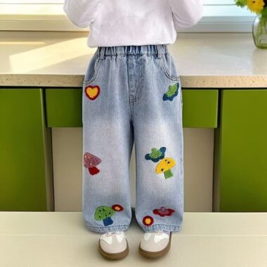 Mushroom embroidery straight-leg girls children jeans
