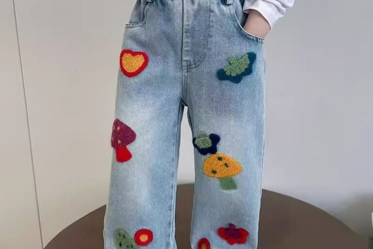 Mushroom embroidery straight-leg girls children jeans