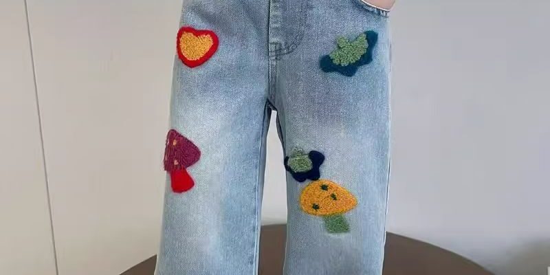 Mushroom embroidery straight-leg girls children jeans