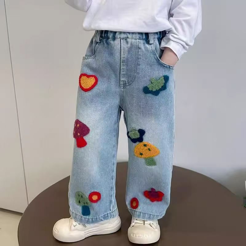 Mushroom embroidery straight-leg girls children jeans