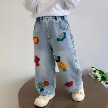 Mushroom embroidery straight-leg girls children jeans