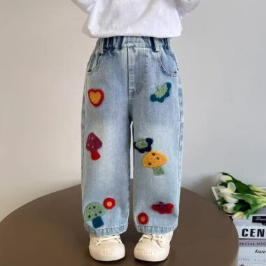Mushroom embroidery straight-leg girls children jeans