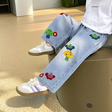 Mushroom embroidery straight-leg girls children jeans