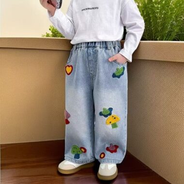 Mushroom embroidery straight-leg girls children jeans