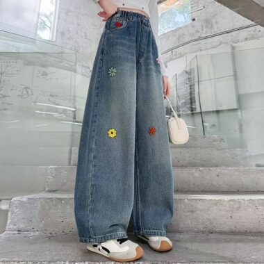 Straight-leg girls children jeans for spring and autumn