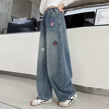 Straight-leg girls children jeans for spring and autumn