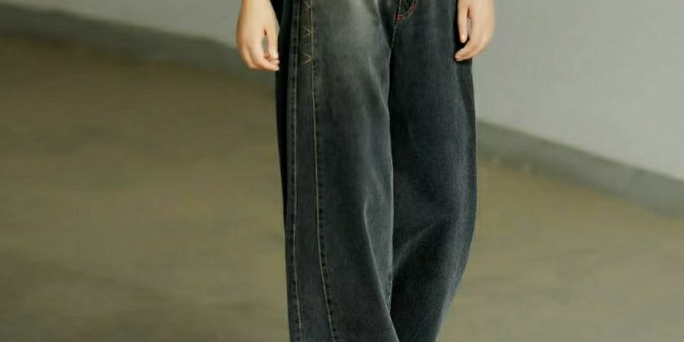 Black grey high waist loose wide leg women jeans