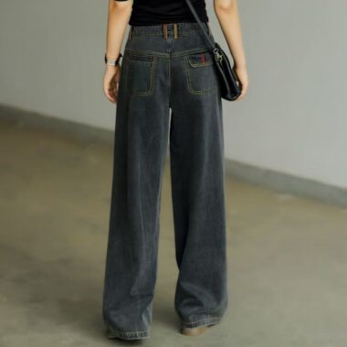 Black grey high waist loose wide leg women jeans