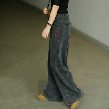 Black grey high waist loose wide leg women jeans