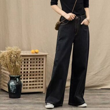 Black high waist loose wide leg women jeans