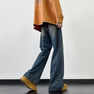 Vintage washed dark blue loose straight men jeans