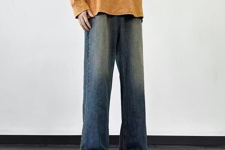 Vintage washed dark blue loose straight men jeans