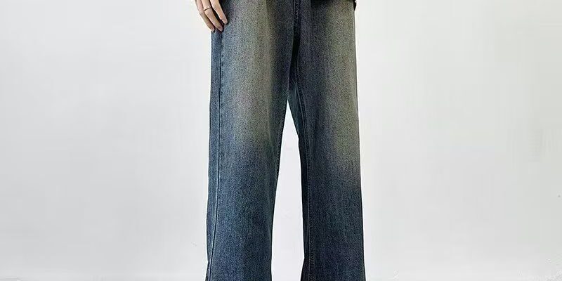 Vintage washed dark blue loose straight men jeans