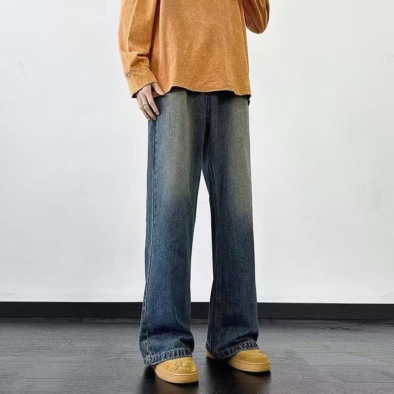 Vintage washed dark blue loose straight men jeans