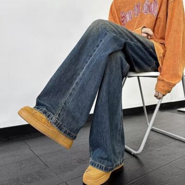 Vintage washed dark blue loose straight men jeans