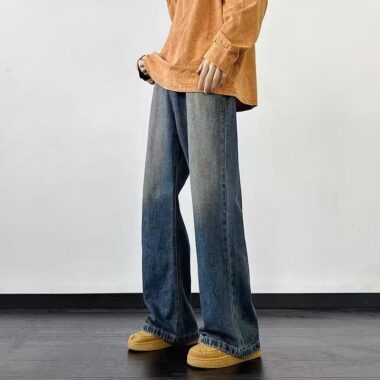 Vintage washed dark blue loose straight men jeans